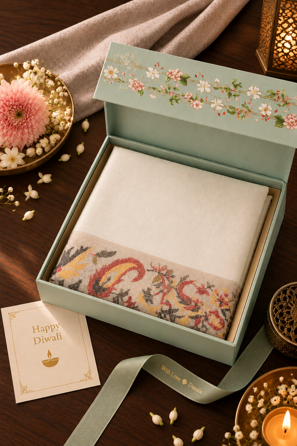 Green Floral Diwali Stole Gift Box