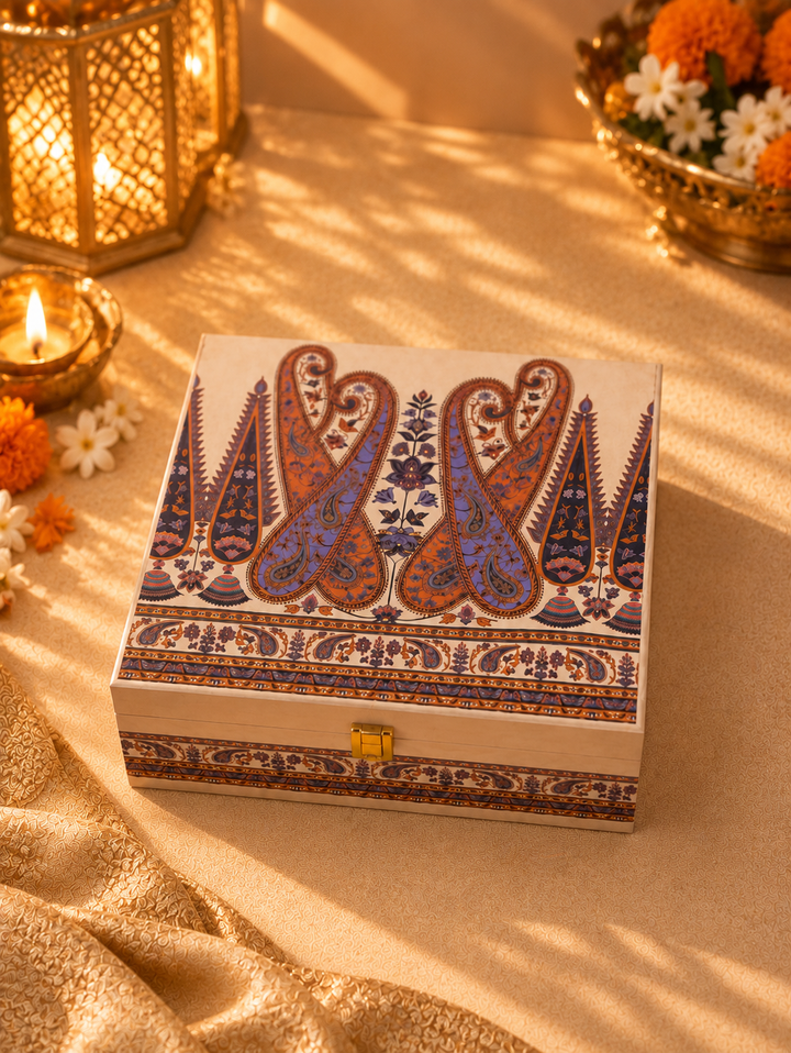 Royal Paisley Diwali Fine Wool Stole Gift Box with Dry Fruits