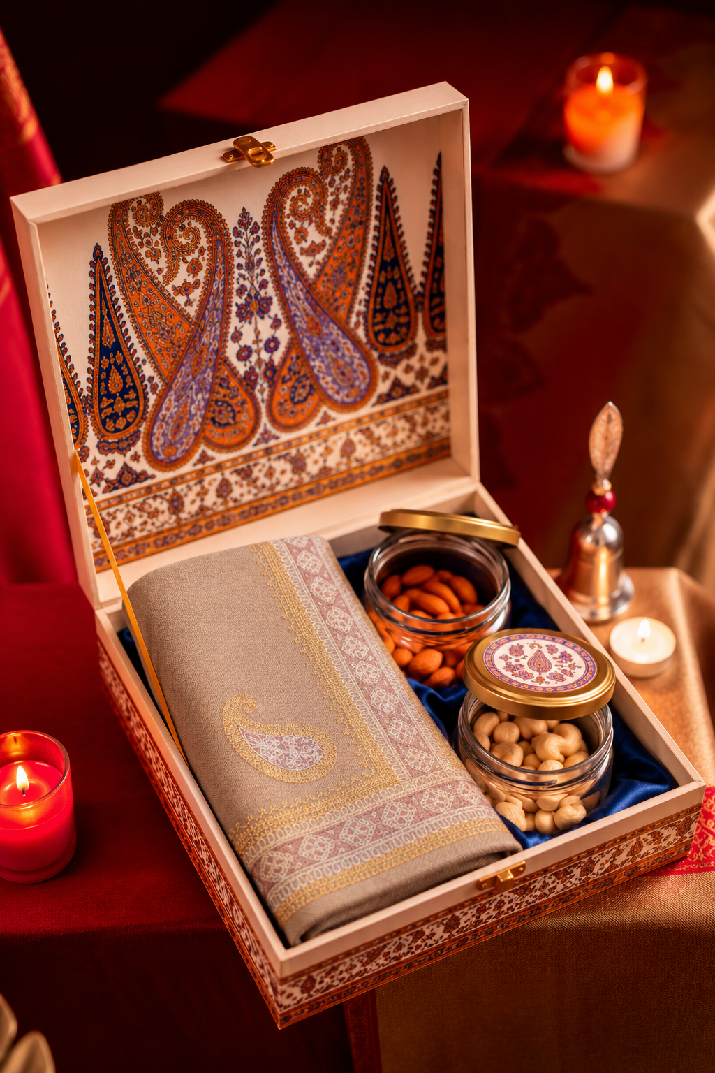 Royal Paisley Diwali Fine Wool Stole Gift Box with Dry Fruits