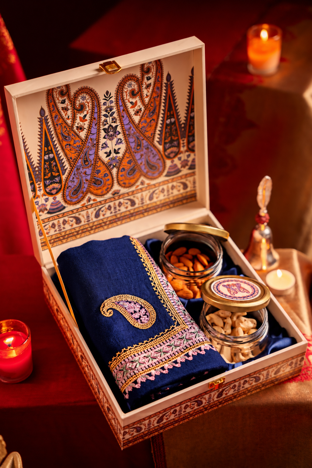 Royal Paisley Diwali Fine Wool Stole Gift Box with Dry Fruits
