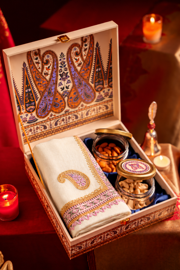 Royal Paisley Diwali Fine Wool Stole Gift Box with Dry Fruits