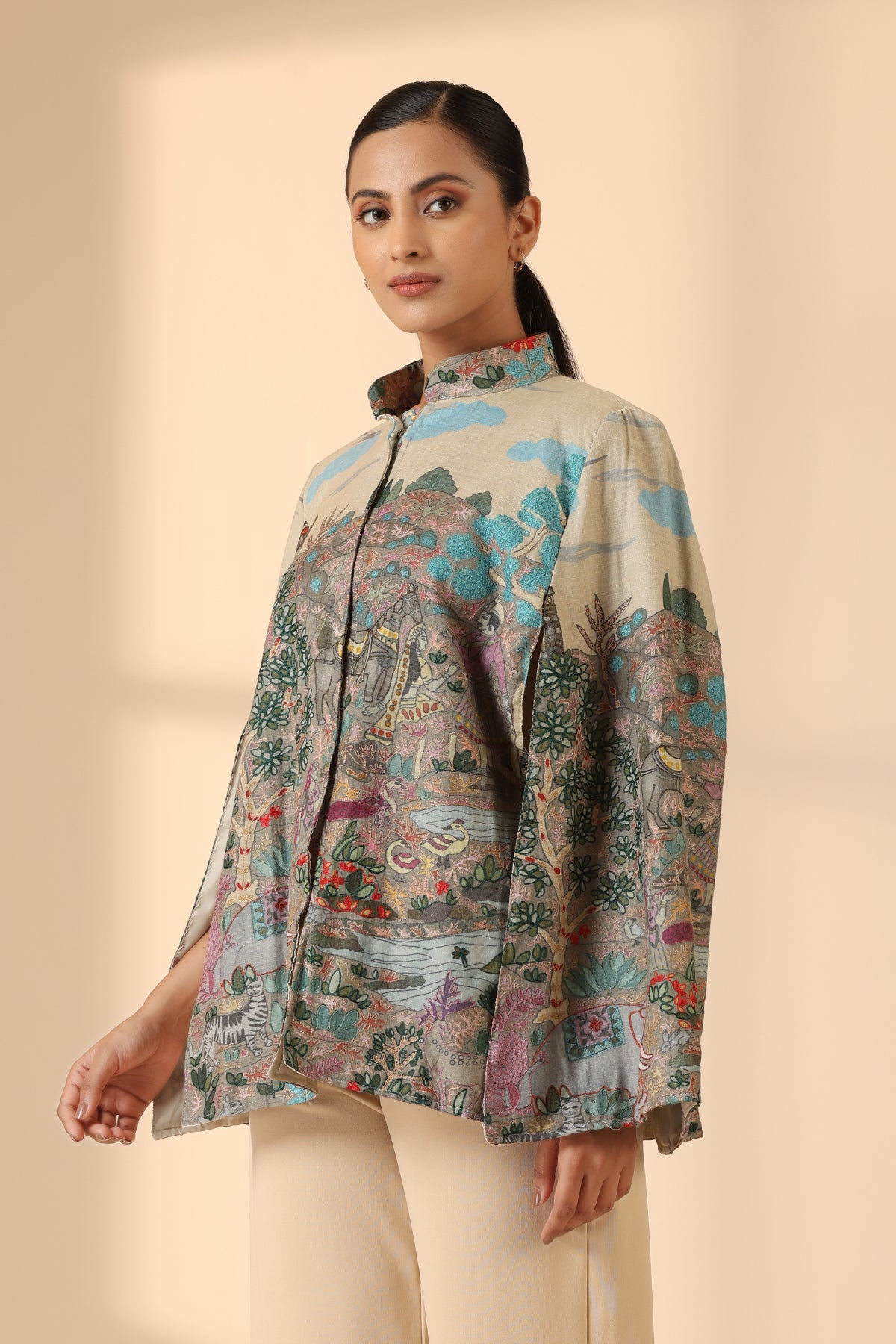 -  Roxane Fine Wool Silk Kalamkari Cape