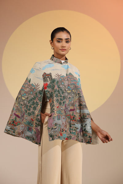 -  Roxane Fine Wool Silk Kalamkari Cape