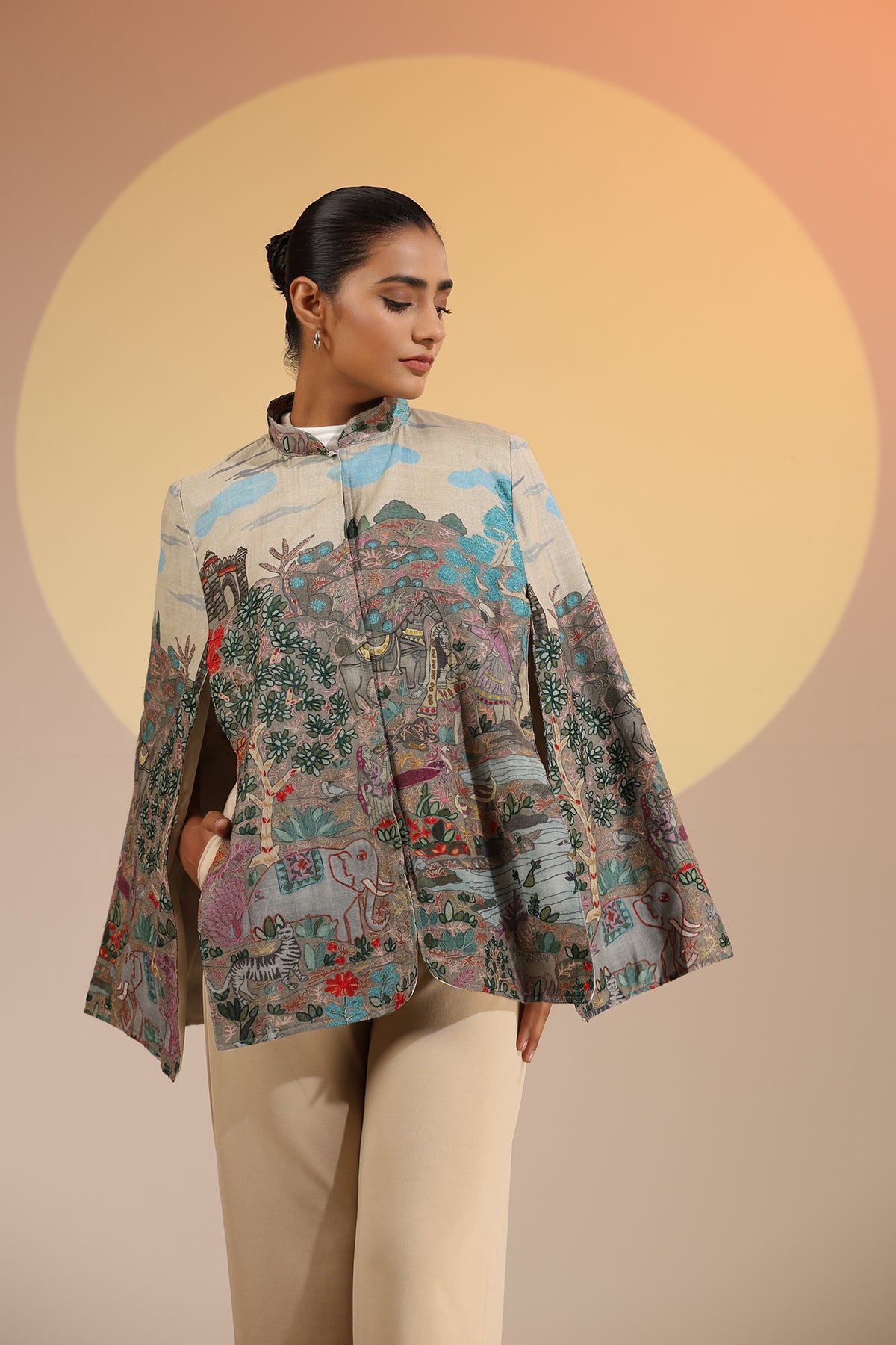 -  Roxane Fine Wool Silk Kalamkari Cape