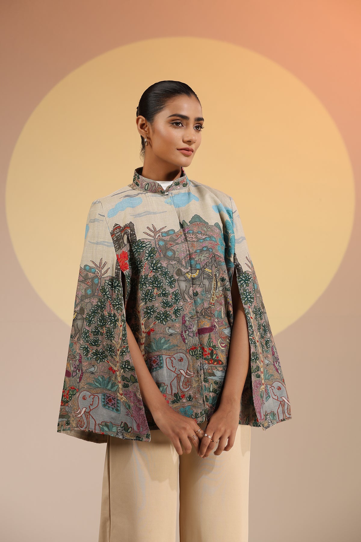 Roxane Fine Wool Silk Kalamkari Cape