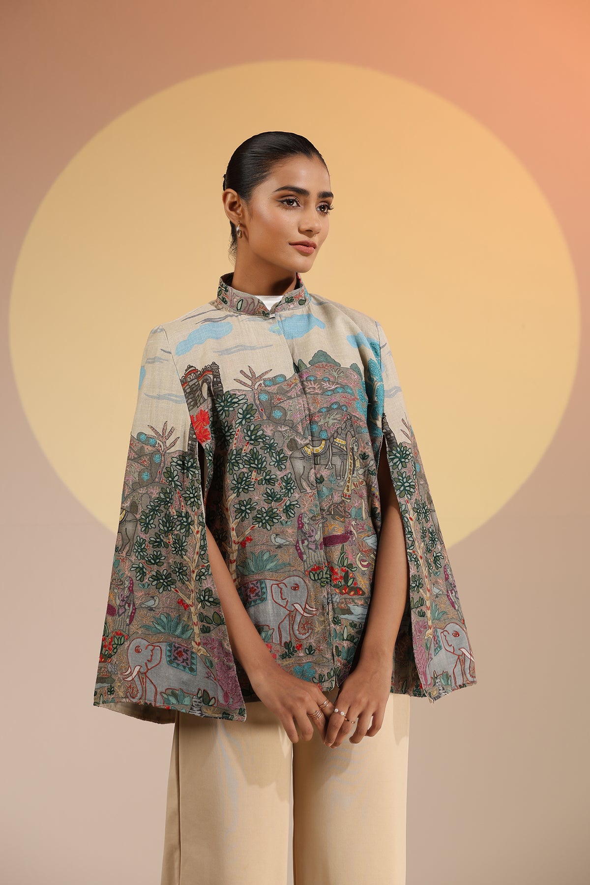 -  Roxane Fine Wool Silk Kalamkari Cape