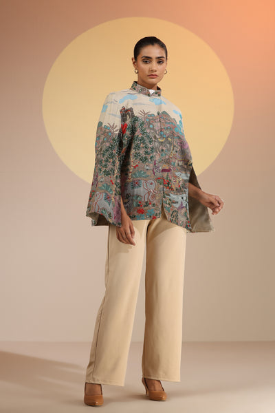 -  Roxane Fine Wool Silk Kalamkari Cape