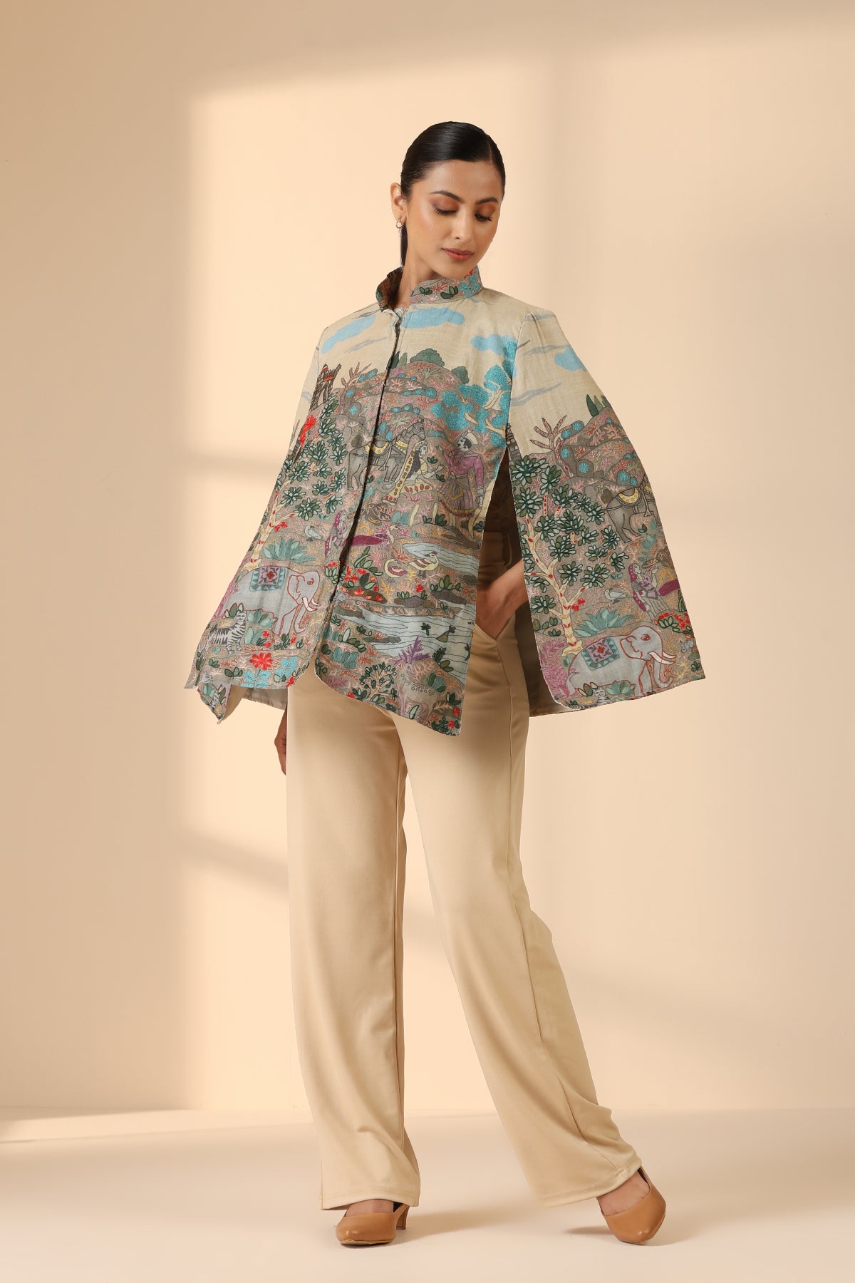 -  Roxane Fine Wool Silk Kalamkari Cape