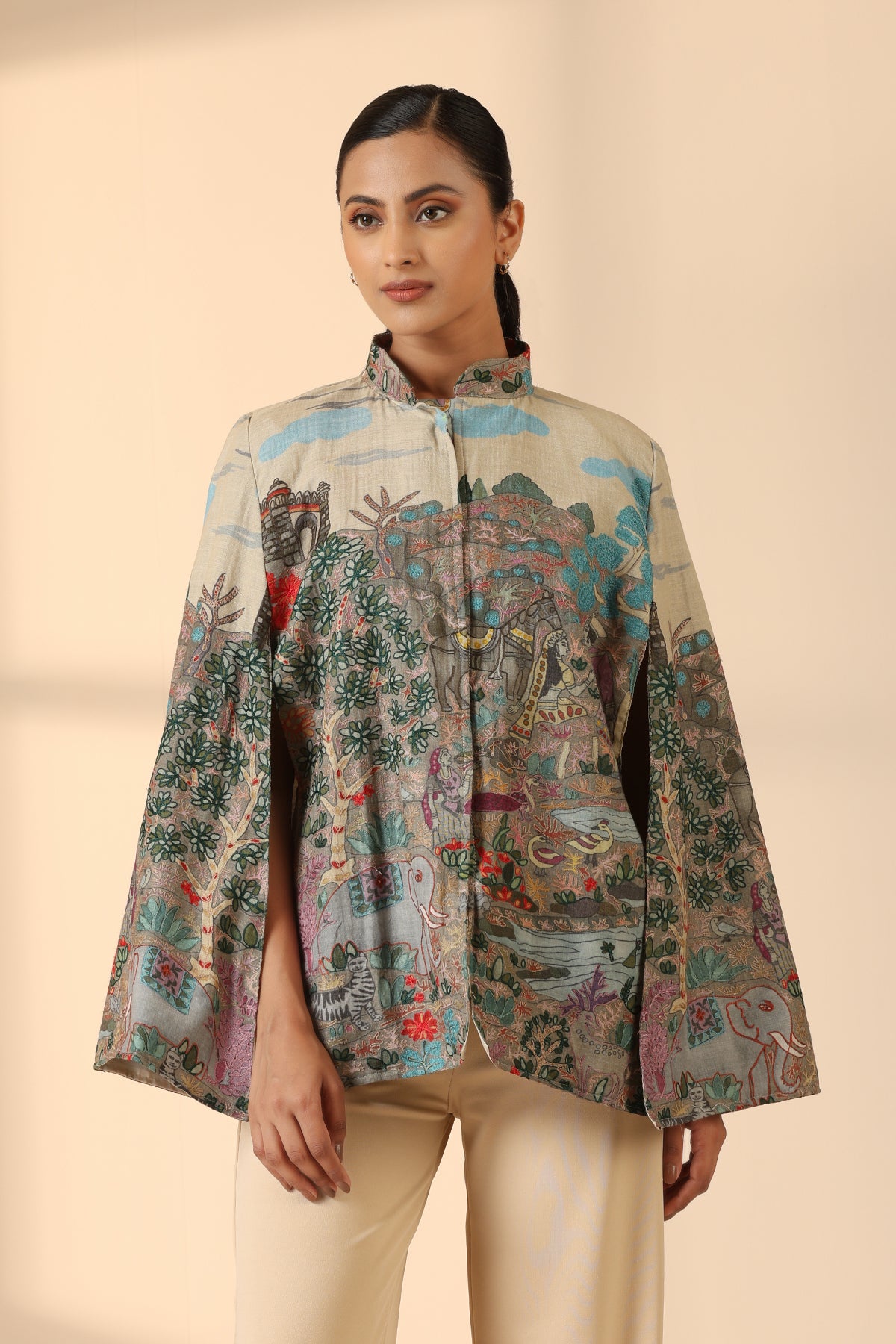 -  Roxane Fine Wool Silk Kalamkari Cape