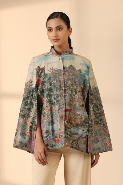 -  Roxane Fine Wool Silk Kalamkari Cape