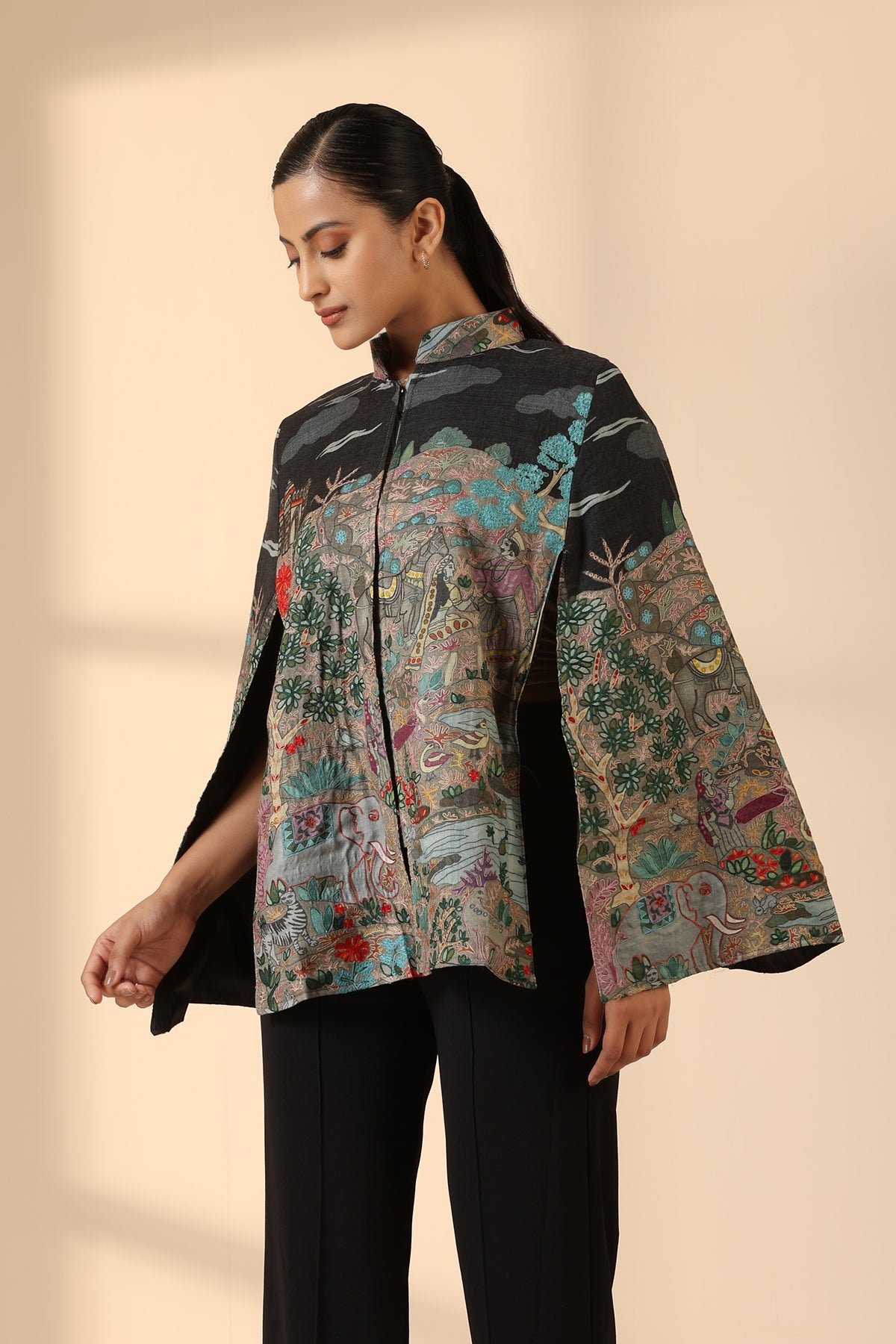 -  Estelle Fine Wool Silk Kalamkari Cape