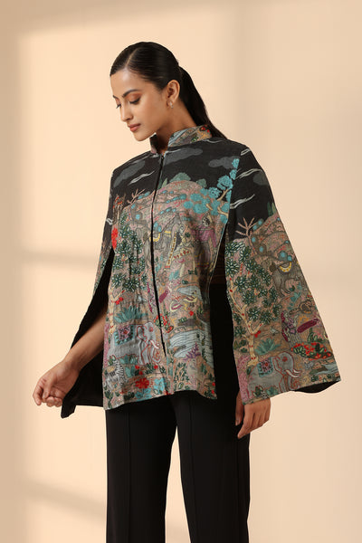 -  Estelle Fine Wool Silk Kalamkari Cape