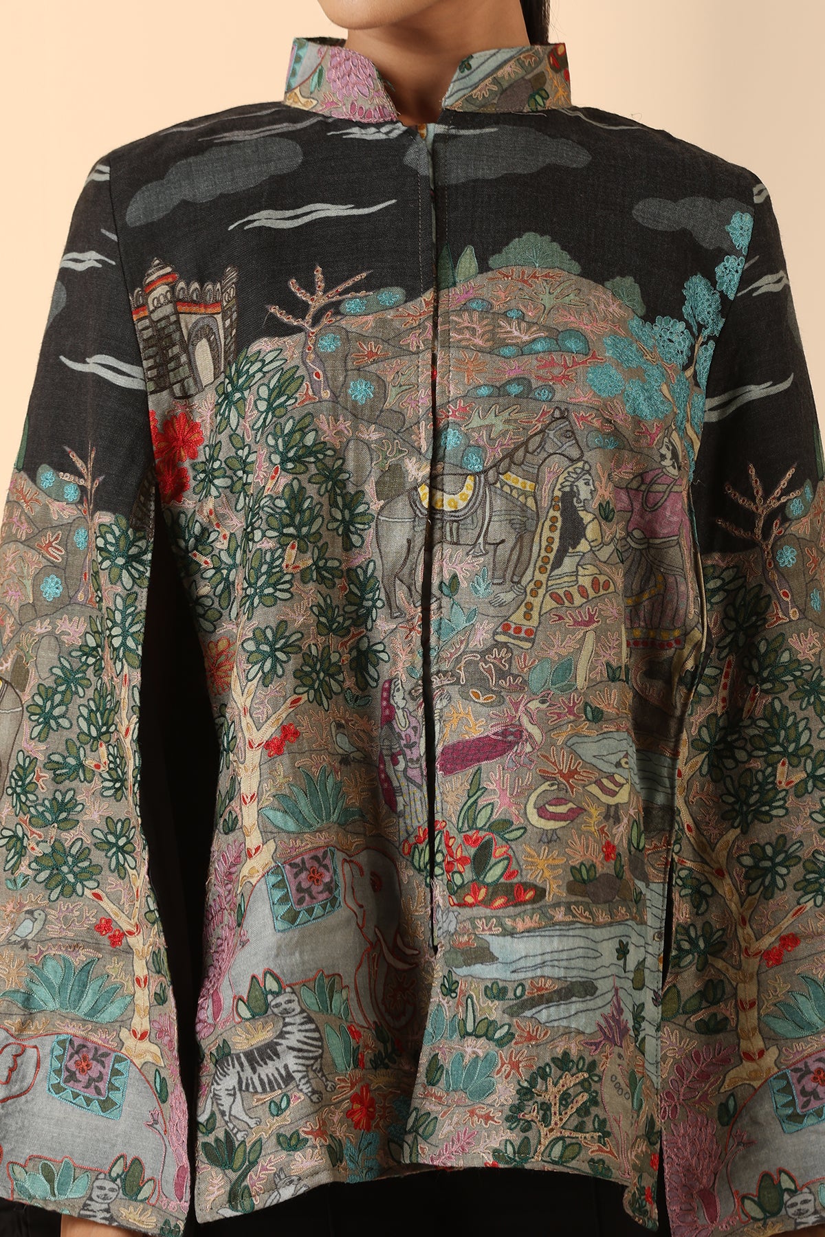 -  Estelle Fine Wool Silk Kalamkari Cape