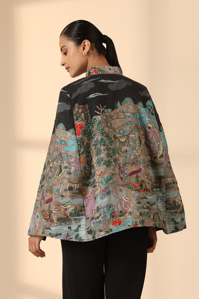 -  Estelle Fine Wool Silk Kalamkari Cape
