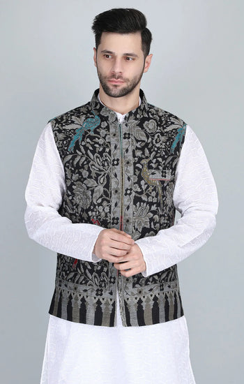 Neev Fine Wool Silk Kani Mens' Waist Coat/Bandi