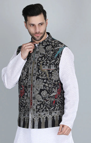 Neev Fine Wool Silk Kani Mens' Waist Coat/Bandi