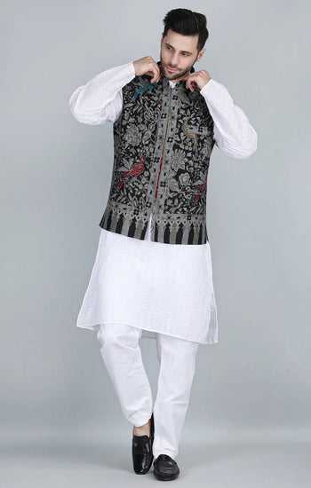 Neev Fine Wool Silk Kani Mens' Waist Coat/Bandi