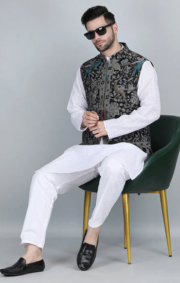 Neev Fine Wool Silk Kani Mens' Waist Coat/Bandi