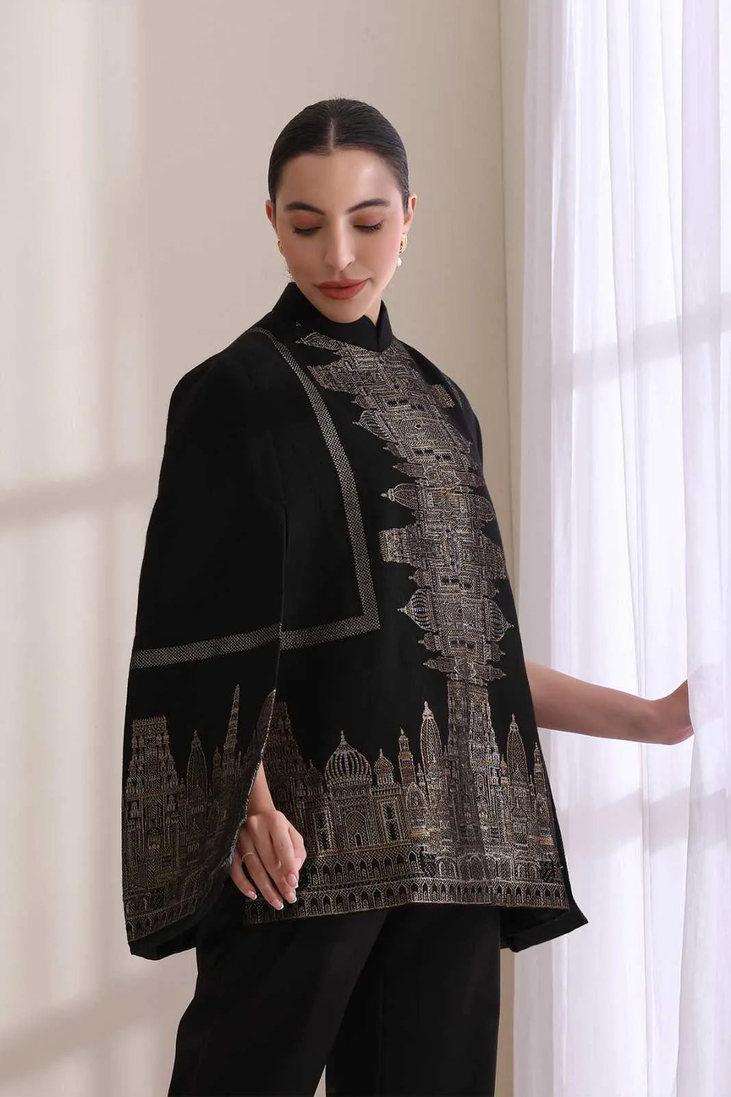 Taj Cashmere Fine Wool Silk with Zari Embroidered Cape