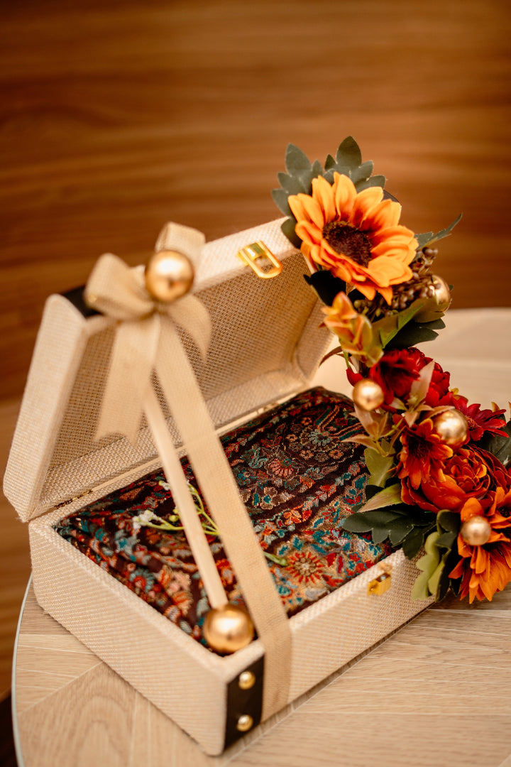 Sienna Zari Trunk | Brown Zari Work Shawl Diwali Gift Box by Dusala