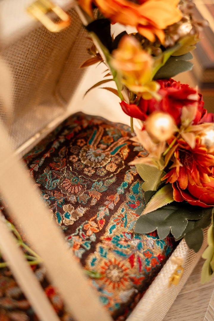 Sienna Zari Trunk | Brown Zari Work Shawl Diwali Gift Box by Dusala