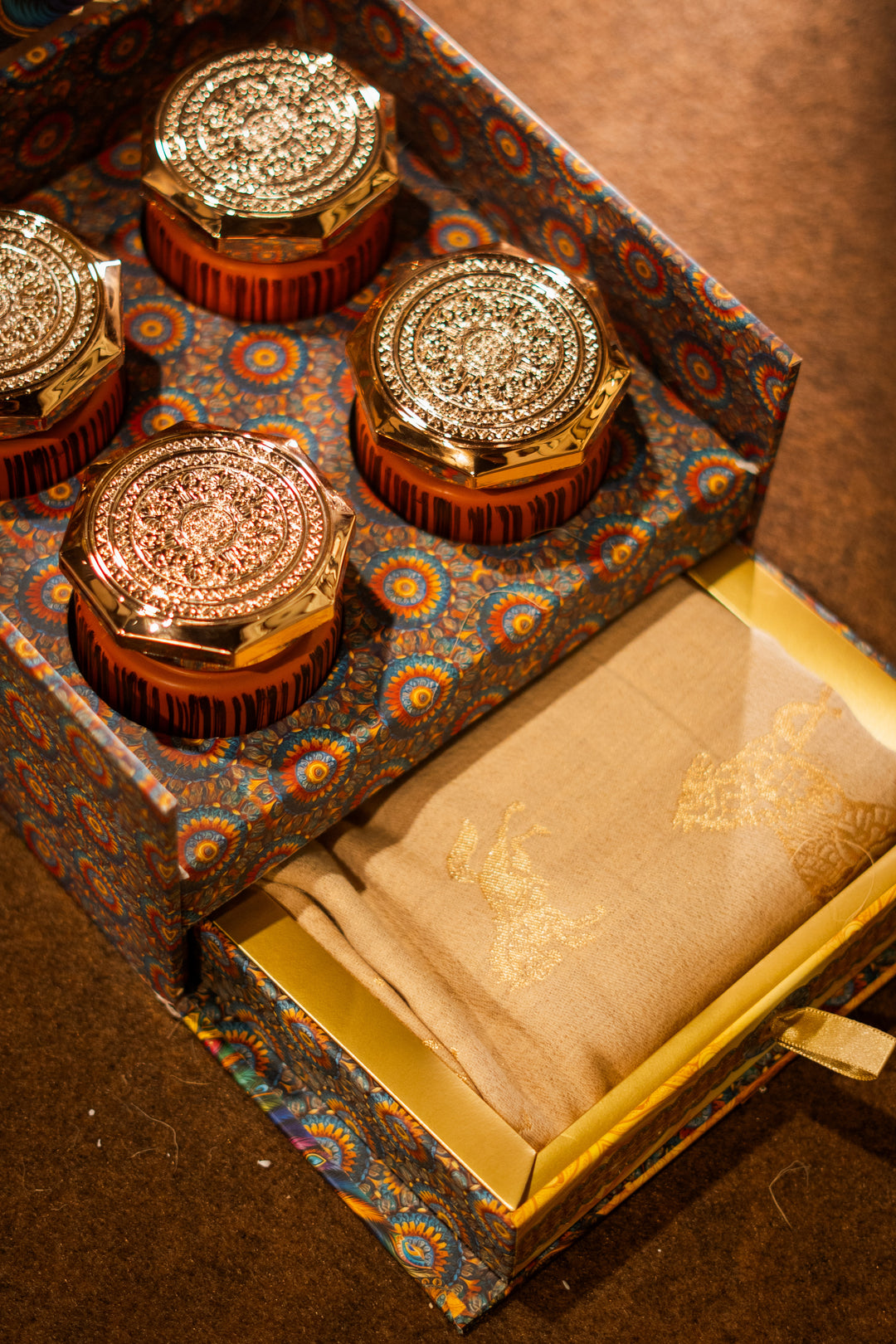 The Morpankh Box | Reversible Beige &amp; Gold Zari Stole with Dry Fruits by Dusala