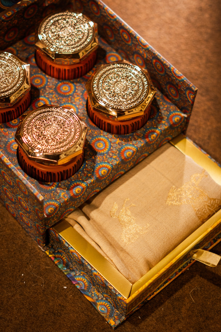The Morpankh Box | Reversible Beige &amp; Gold Zari Stole with Dry Fruits by Dusala