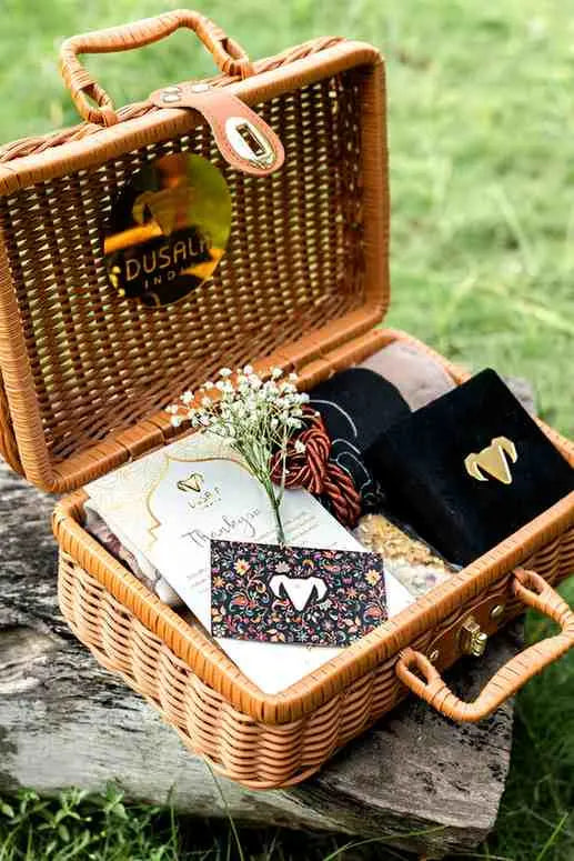 Dusala Wicker Heritage Hamper with Pashmina, Pearl jewellery & Artisanal Delights