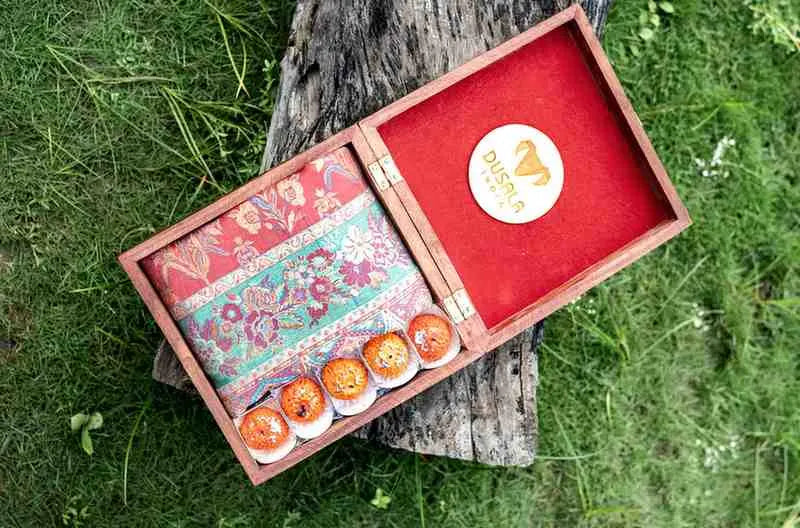 Dusala Heritage Wood Box with Silk Dupatta & Laddu Candle Set