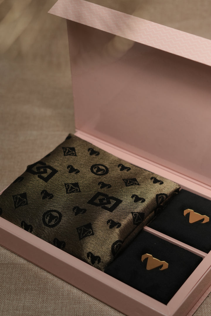 Black &amp; Gold Pashmina Zari blend stole Gift Box with Jewellery – Luxury Wedding &amp; Festive Hamper