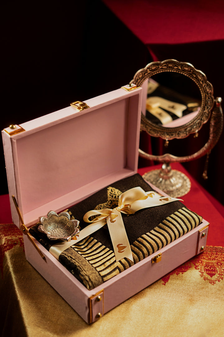 Noorani Gift Box: Reversible Zari Stole Gift Set with Candle and kahwa