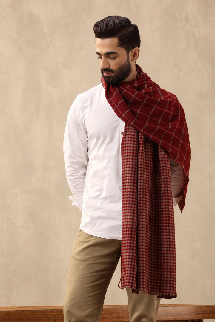 Riyaz Maroon Cashmere Checkered Stole for Men