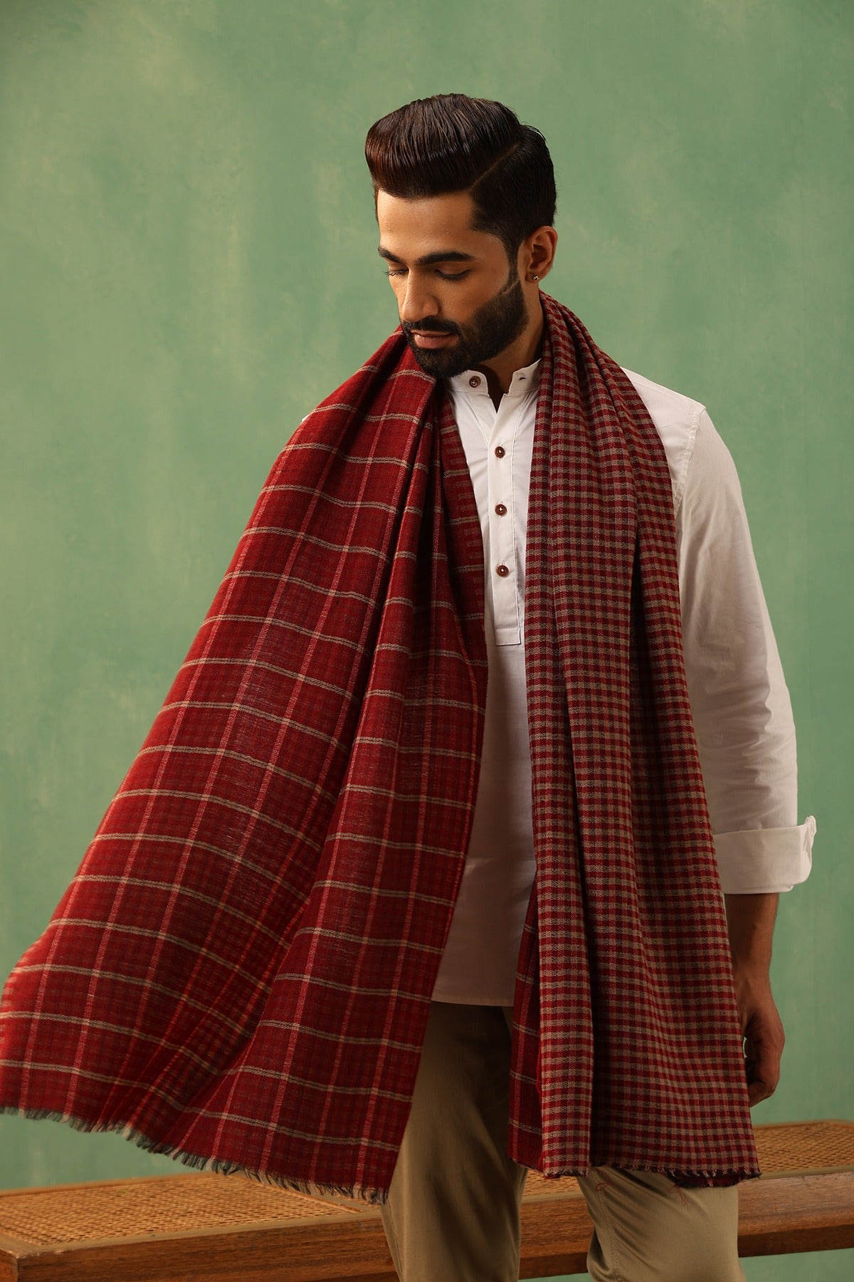 -  Riyaz Maroon Cashmere Checkered Stole