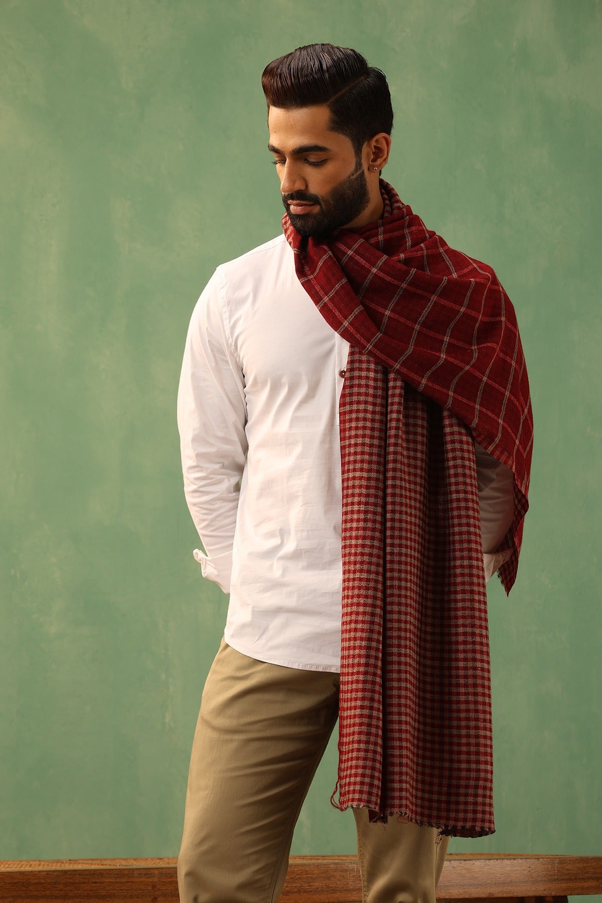 -  Riyaz Maroon Cashmere Checkered Stole