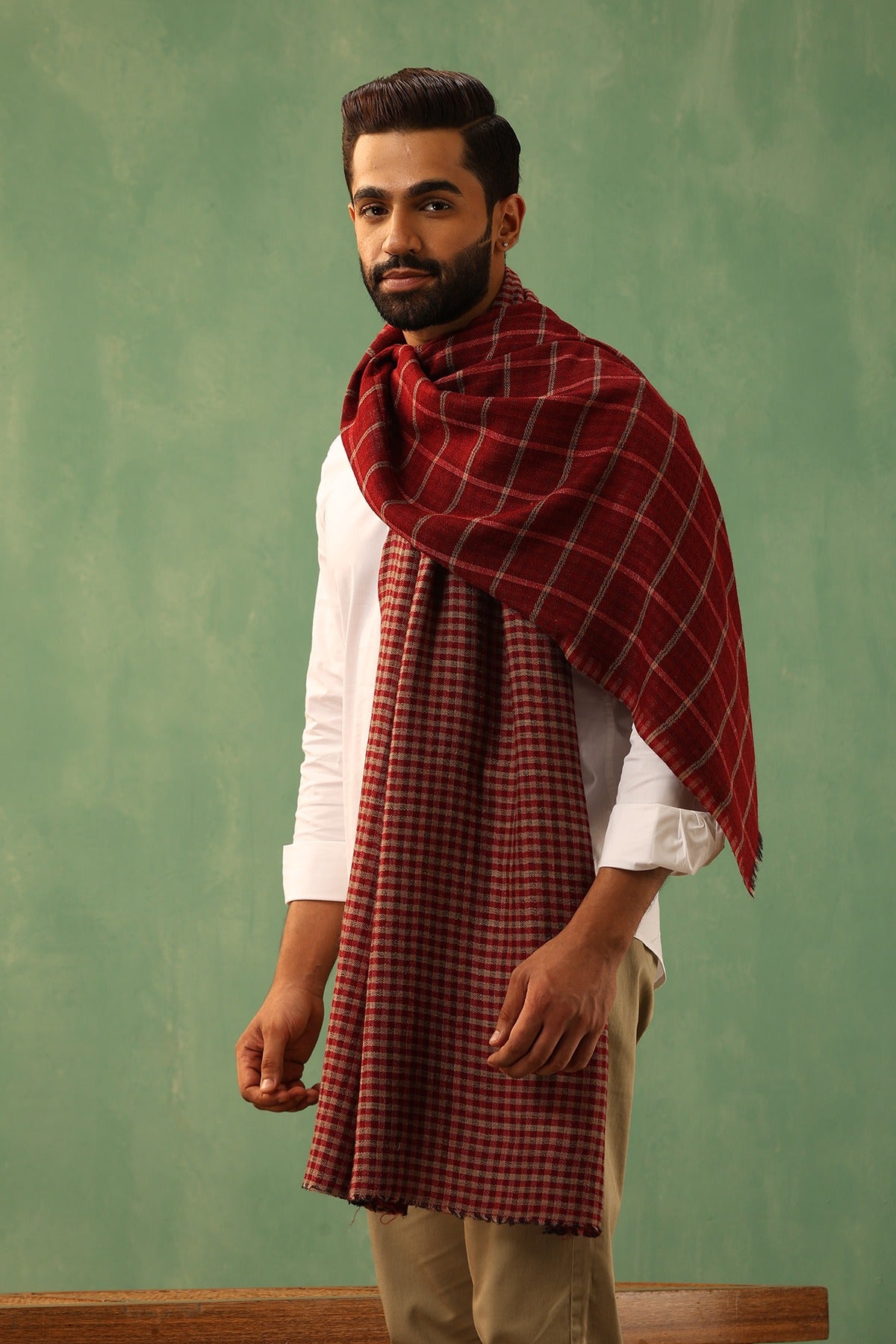 -  Riyaz Maroon Cashmere Checkered Stole