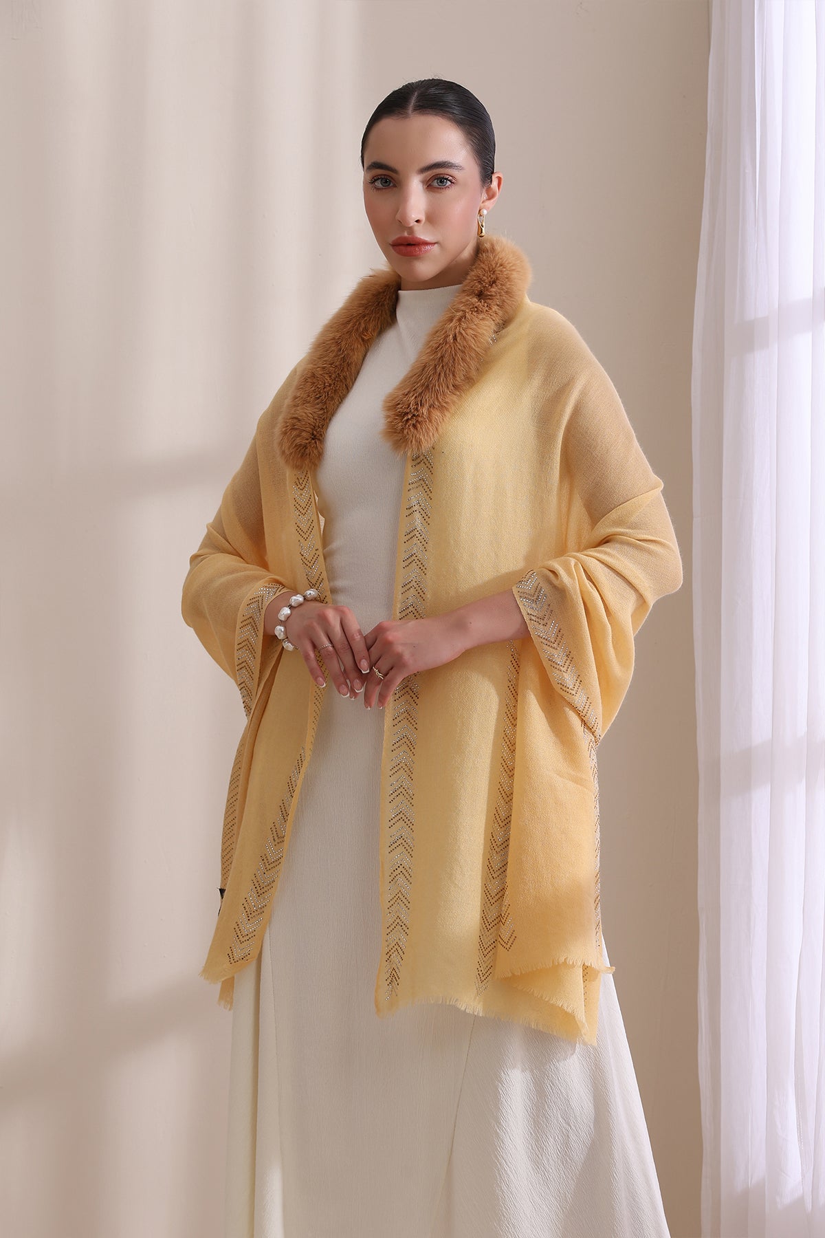 Olivia Collared Fur with Arrow Border Stone Work Stole