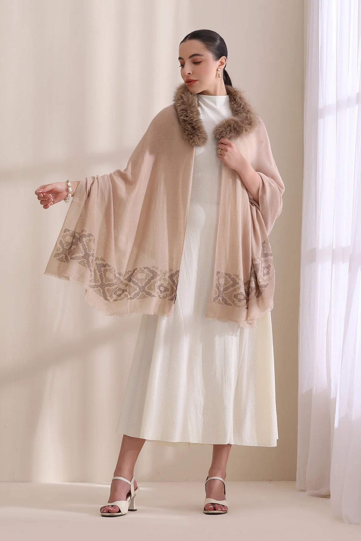 Emma Collared Fur with Floral Stone Work Stole