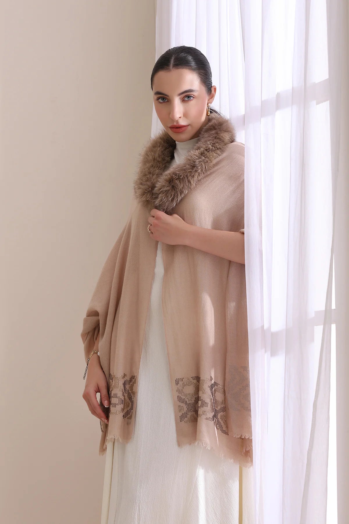 Emma Collared Fur with Floral Stone Work Stole