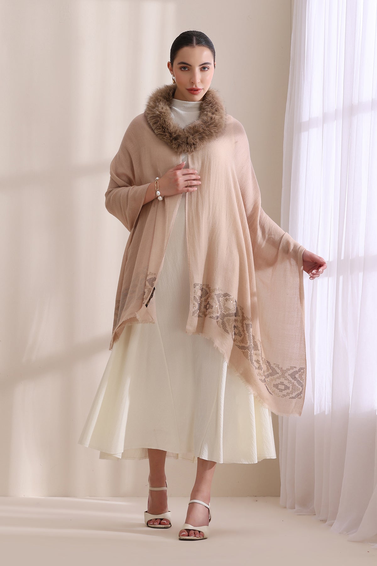 Emma Collared Fur with Floral Stone Work Stole