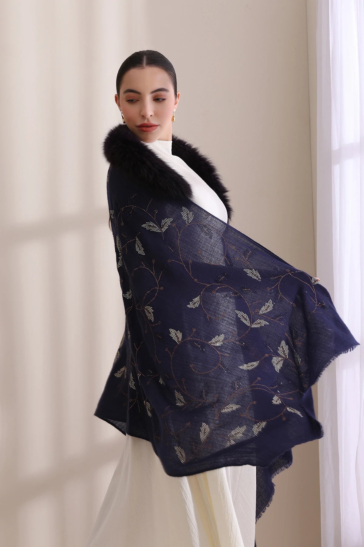 Charlotte Collared Fur with Allover Leaf Stone Work Stole