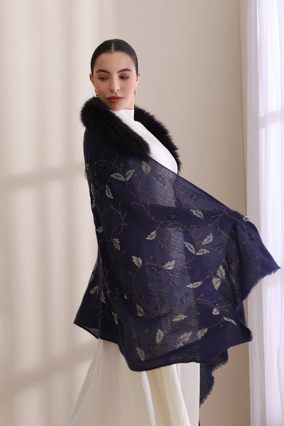 Charlotte Collared Fur with Allover Leaf Stone Work Stole