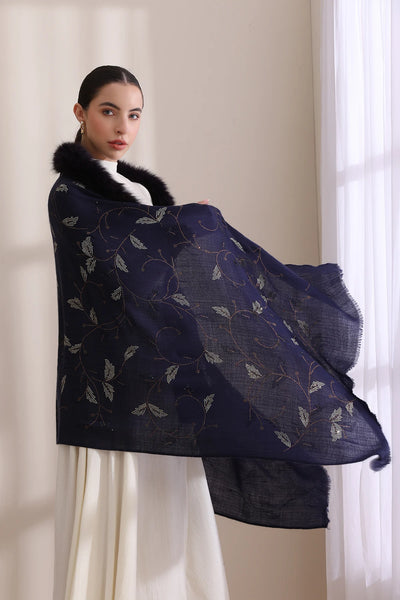 Charlotte Collared Fur with Allover Leaf Stone Work Stole