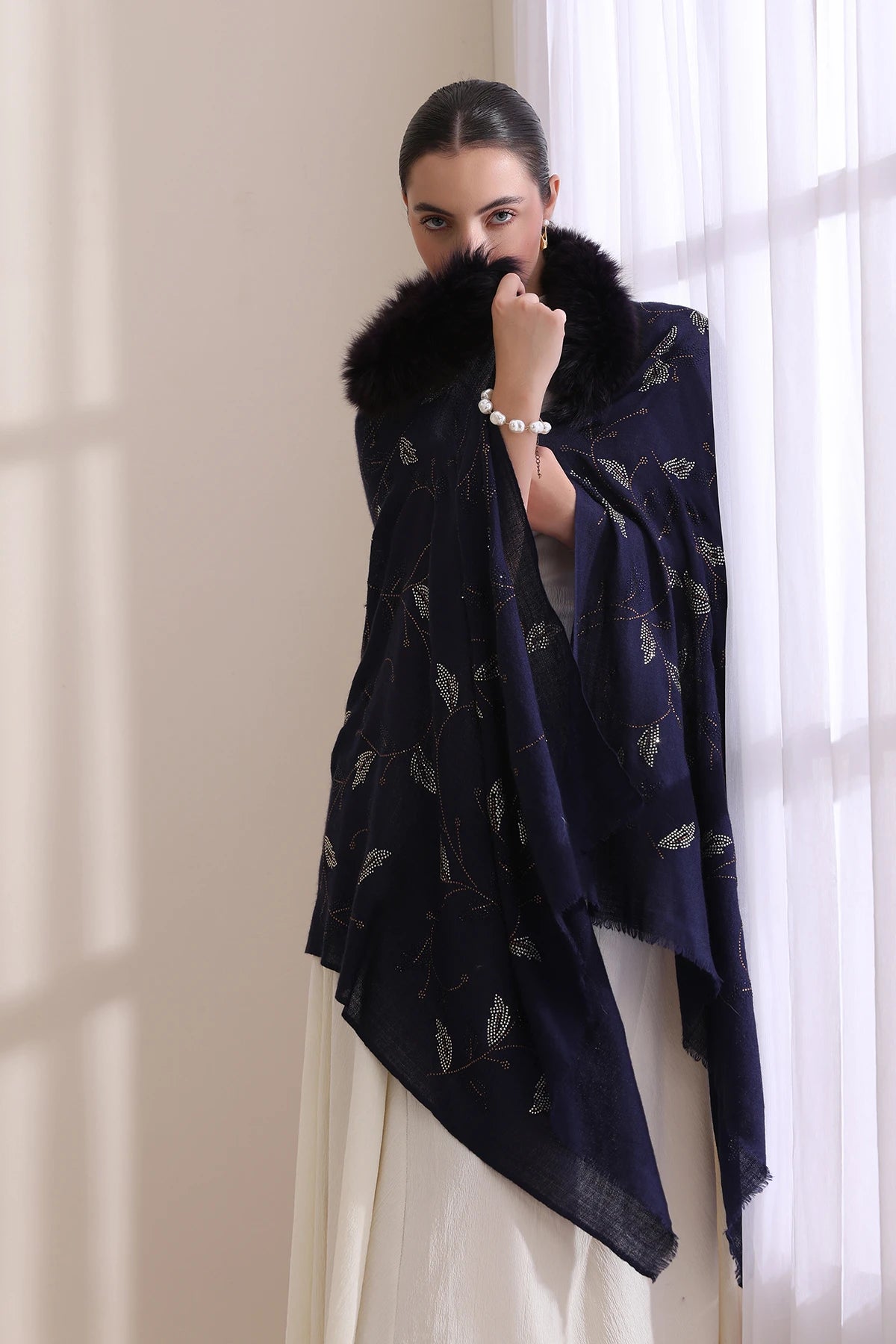 Charlotte Collared Fur with Allover Leaf Stone Work Stole