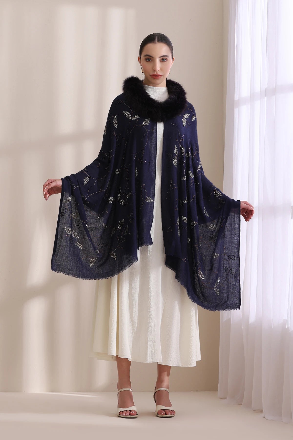 Charlotte Collared Fur with Allover Leaf Stone Work Stole