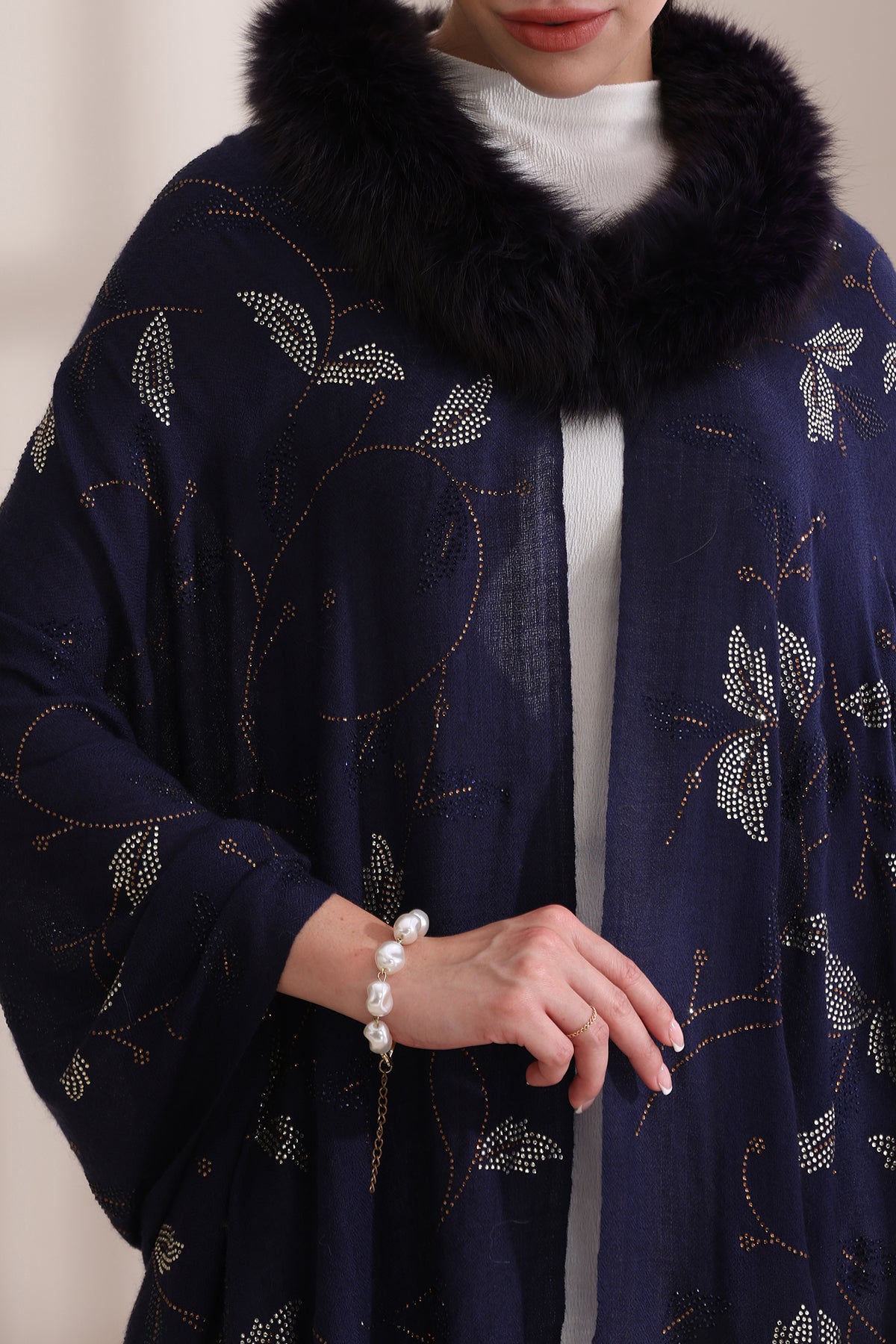 Charlotte Collared Fur with Allover Leaf Stone Work Stole
