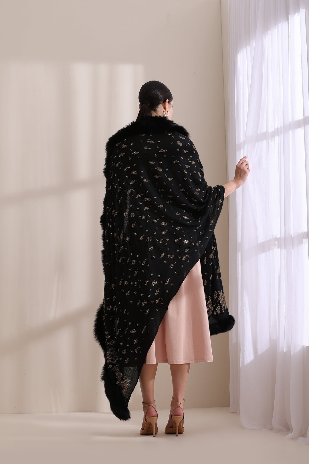Isabella Three Side Fur with Allover Stone Work Stole