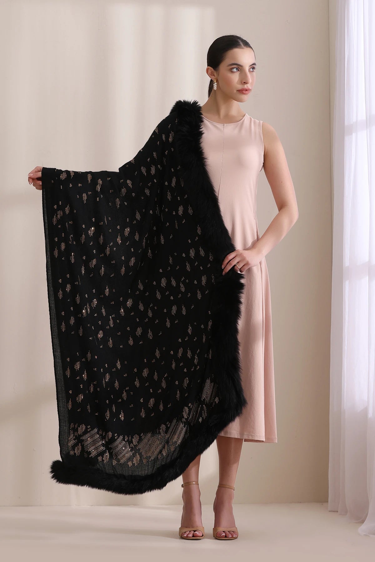 Isabella Three Side Fur with Allover Stone Work Stole