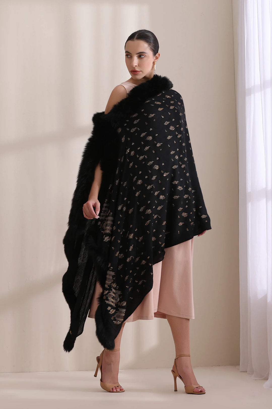 Isabella Three Side Fur with Allover Stone Work Stole