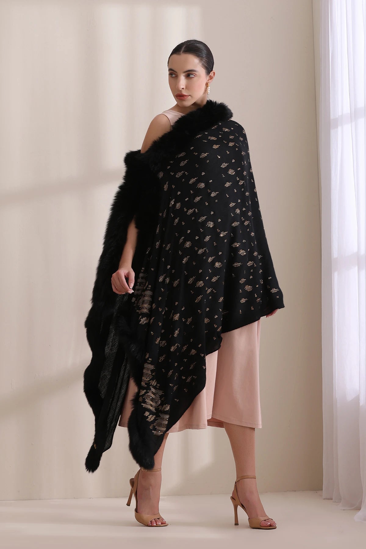 Isabella Three Side Fur with Allover Stone Work Stole