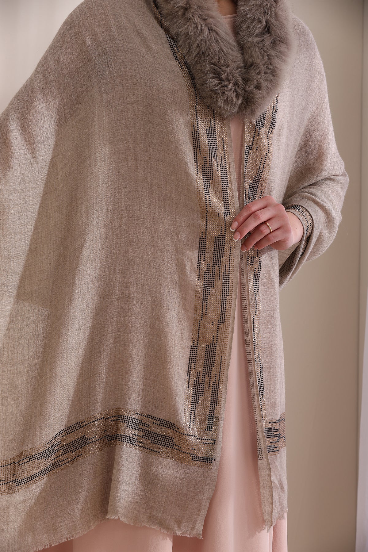 Evelyn Collared Fur with Zig Zag Border Stone Work Stole